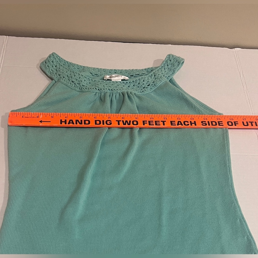 LOFT Crochet Trim Soft Stretch Knit Sleeveless Top Pastel Mint Green Cottage S - Picture 9 of 12